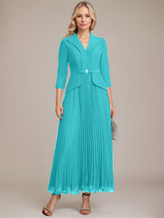 A-line Collared V-Neck Ankle-Length Chiffon Mother of the Bride Dress With Beading Pleated