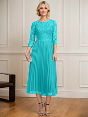 A-line Scoop Illusion Tea-Length Lace Chiffon Mother of the Bride Dress With Sequins Pleated