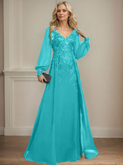 A-Line V-Neck Long Sleeves Floor-Length Chiffon Mother Of The Bride Dresses With Lace