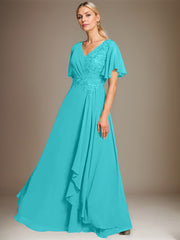 A-line V-Neck Floor-Length Lace Chiffon Mother of the Bride Dress With Cascading Ruffles Sequins