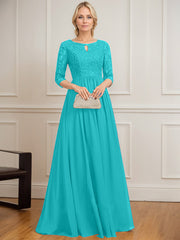 A-line Scoop Floor-Length Lace Chiffon Mother of the Bride Dress With Crystal Brooch Sequins