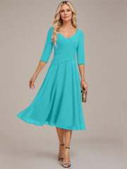 A-line V-Neck Tea-Length Chiffon Mother of the Bride Dress With Pleated