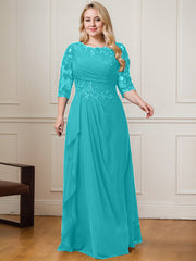 A-line Scoop Floor-Length Lace Chiffon Mother of the Bride Dress With Cascading Ruffles Sequins