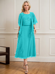 A-line Scoop Tea-Length Lace Chiffon Mother of the Bride Dress With Sequins