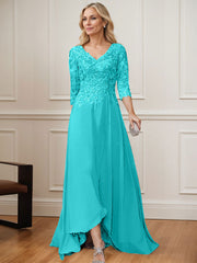 A-Line V-Neck 3/4 Sleeves Chiffon Mother Of The Bride Dresses With Lace