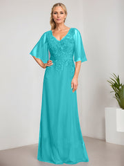 A-line V-Neck Floor-Length Lace Chiffon Mother of the Bride Dress With Sequins Beading