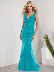 A-line V-Neck Floor-Length Lace Chiffon Mother of the Bride Dress With Applique Sequins Mermaid Dresses