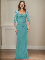 Sheath/Column Square Neckline 3/4 Sleeves Floor-Length Jersey Mother Of The Bride Dresses With Lace