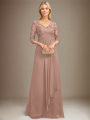 Empire V-Neck Floor-Length Lace Chiffon Mother of the Bride Dress With Cascading Ruffles Sequins