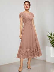 A-line Scoop Illusion Tea-Length Lace Chiffon Mother of the Bride Dress With Sequins