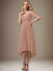 A-line V-Neck Asymmetrical Lace Chiffon Mother of the Bride Dress With Sequins