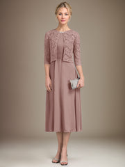 A-line Scoop Tea-Length Chiffon Mother of the Bride Dress With Pleated