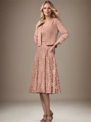 A-line V-Neck Knee-Length Chiffon Lace Mother of the Bride Dress With Beading Sequins