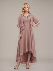 A-line V-Neck Asymmetrical Chiffon Mother of the Bride Dress With Beading Sequins