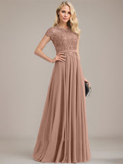 A-line Scoop Illusion Floor-Length Lace Chiffon Mother of the Bride Dress
