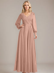 A-line V-Neck Floor-Length Chiffon Mother of the Bride Dress With Sequins Appliques Lace Pleated