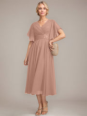 A-line V-Neck Tea-Length Chiffon Mother of the Bride Dress With Pleated Beading