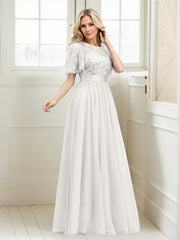 A-Line Short Sleeve Embroidery Mother Of The Bride Dress