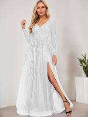 A-line V-Neck Floor-Length Tulle Prom Dresses With Sequins Appliques Lace Beading