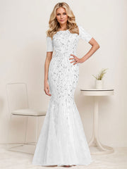 Floral Sequin Print Maxi Long Fishtail Tulle Mother Of The Bride Dresses