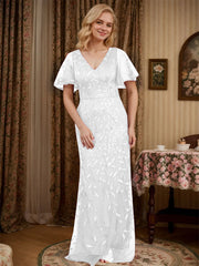 Sheath V-neck Short Sleeves Floor-Length Lace Mother of the Bride Dress