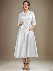 A-line V-Neck Collared Tea-Length Satin Mother of the Bride Dress