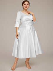 A-line V-Neck Tea-Length Satin Mother of the Bride Dress With Pleated