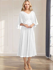 A-line V-Neck Tea-Length Chiffon Mother of the Bride Dress With Pleated Sequins Appliques Lace Beadind