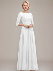 A-line Boat Neck Illusion Floor-Length Chiffon Lace Mother of the Bride Dress With Sequins Beading