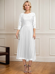A-line Scoop Illusion Tea-Length Lace Chiffon Mother of the Bride Dress With Sequins Pleated
