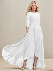 A-line Scoop Illusion Asymmetrical Lace Chiffon Mother of the Bride Dress With Pleated Sequins