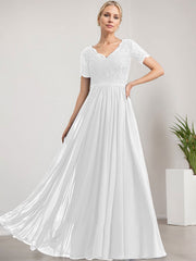 A-line V-Neck Floor-Length Lace Chiffon Mother of the Bride Dress