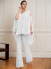 Separates Jumpsuit/Pantsuit V-Neck Floor-Length Chiffon Mother of the Bride Dress With Beading