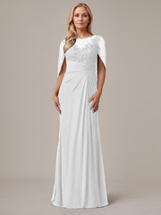 A-Line Floor-Length Boat-Neck Lace Capelet Chiffon Mother of the Bride Dress