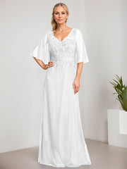 A-line V-Neck Floor-Length Lace Chiffon Mother of the Bride Dress With Sequins Beading