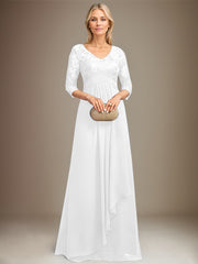 Empire V-Neck Floor-Length Lace Chiffon Mother of the Bride Dress With Cascading Ruffles Sequins