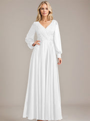 A-line V-Neck Floor-Length Chiffon Mother of the Bride Dress With Sequins Appliques Lace Pleated