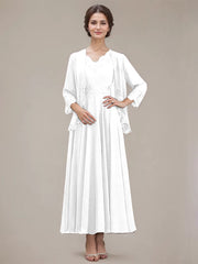 A-line V-Neck Ankle-Length Chiffon Mother of the Bride Dress With Sequins Appliques Lace Beading