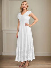 A-line V-Neck Ankle-Length Chiffon Mother of the Bride Dress With Bow Sequins Appliques Lace