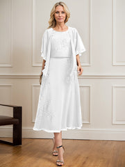A-line Scoop Tea-Length Lace Chiffon Mother of the Bride Dress With Sequins