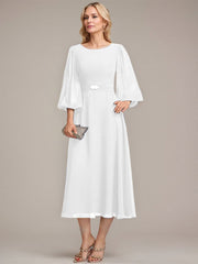 A-line Scoop Tea-Length Chiffon Mother of the Bride Dress With Crystal Brooch Pleated