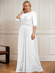 A-line Scoop Illusion Floor-Length Chiffon Lace Mother of the Bride Dress With Pleated Sequins Beading