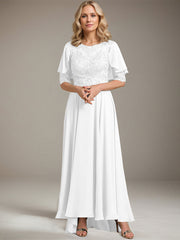 A-line Scoop Illusion Asymmetrical Chiffon Lace Mother of the Bride Dress With Beading