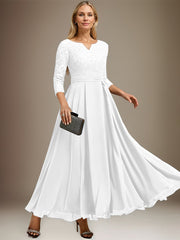 A-line V-Neck Ankle-Length Chiffon Lace Mother of the Bride Dress With Rhinestone