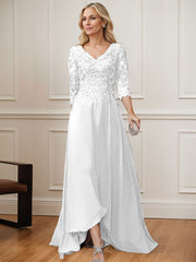 A-Line V-Neck 3/4 Sleeves Chiffon Mother Of The Bride Dresses With Lace
