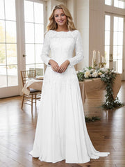 A-line Bateau Long Sleeves Appliques Lace Sweep Train Chiffon Mother of the Bride Dres
