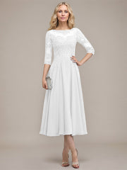A-line Scoop Illusion Tea-Length Chiffon Lace Mother of the Bride Dress With Sequins Beading