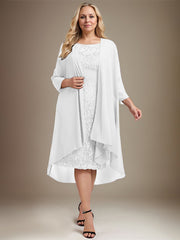 Sheath/Column Scoop Illusion Knee-Length Lace Chiffon Mother of the Bride Dress With Cascading Ruffles Sequins