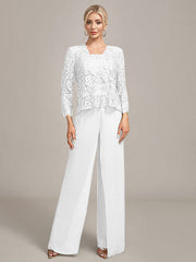 Silver Chiffon Pant and Lace Top Mother of The Bride Wide Pant Suits