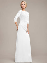A-line Scoop Floor-Length Chiffon Lace Mother of the Bride Dress With Sequins Beading Pleated